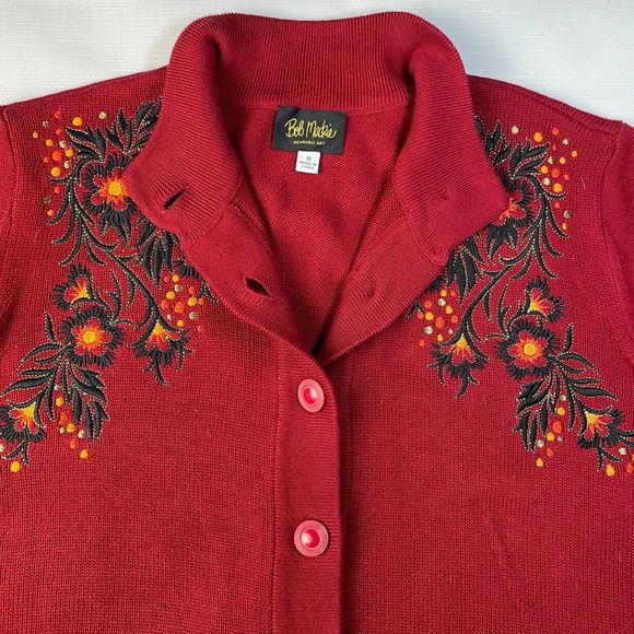 BOB MACKIE Cardigan EMBROIDERED Red Button Up LONG Sweater! FLORAL ART Sz 1X - Picture 11 of 16